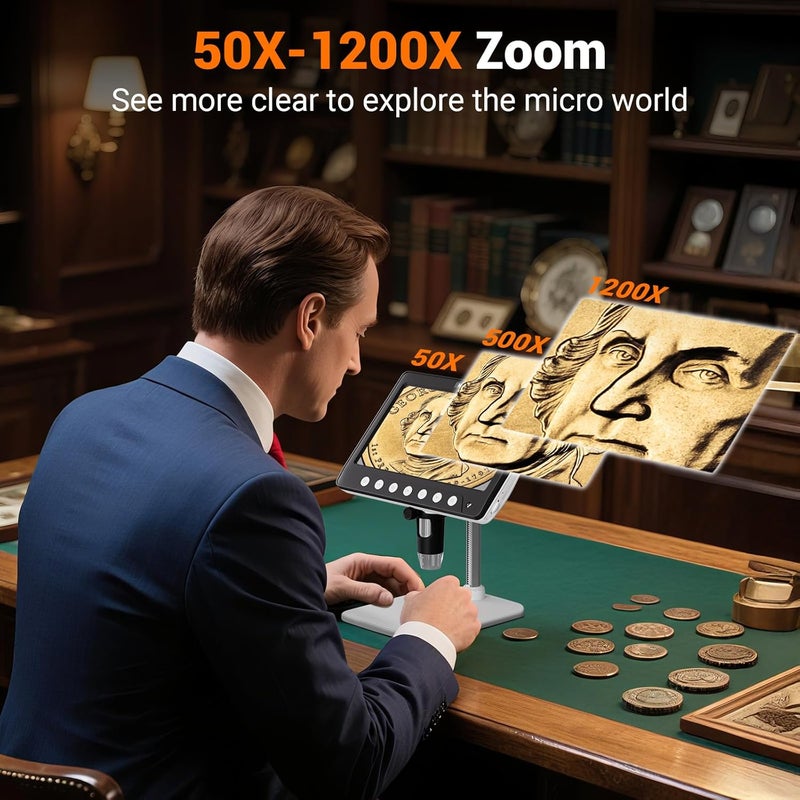 WINWEND Coin Microscope for Error, 7'' LCD Magnifying Glass with Light, 1200X & 1080P Soldering Microscope, 32GB Coin Magnifier with 8 Adjustable LED Lights, Cool Gadgets Microscopes for Coins, Jewelry - Image 4